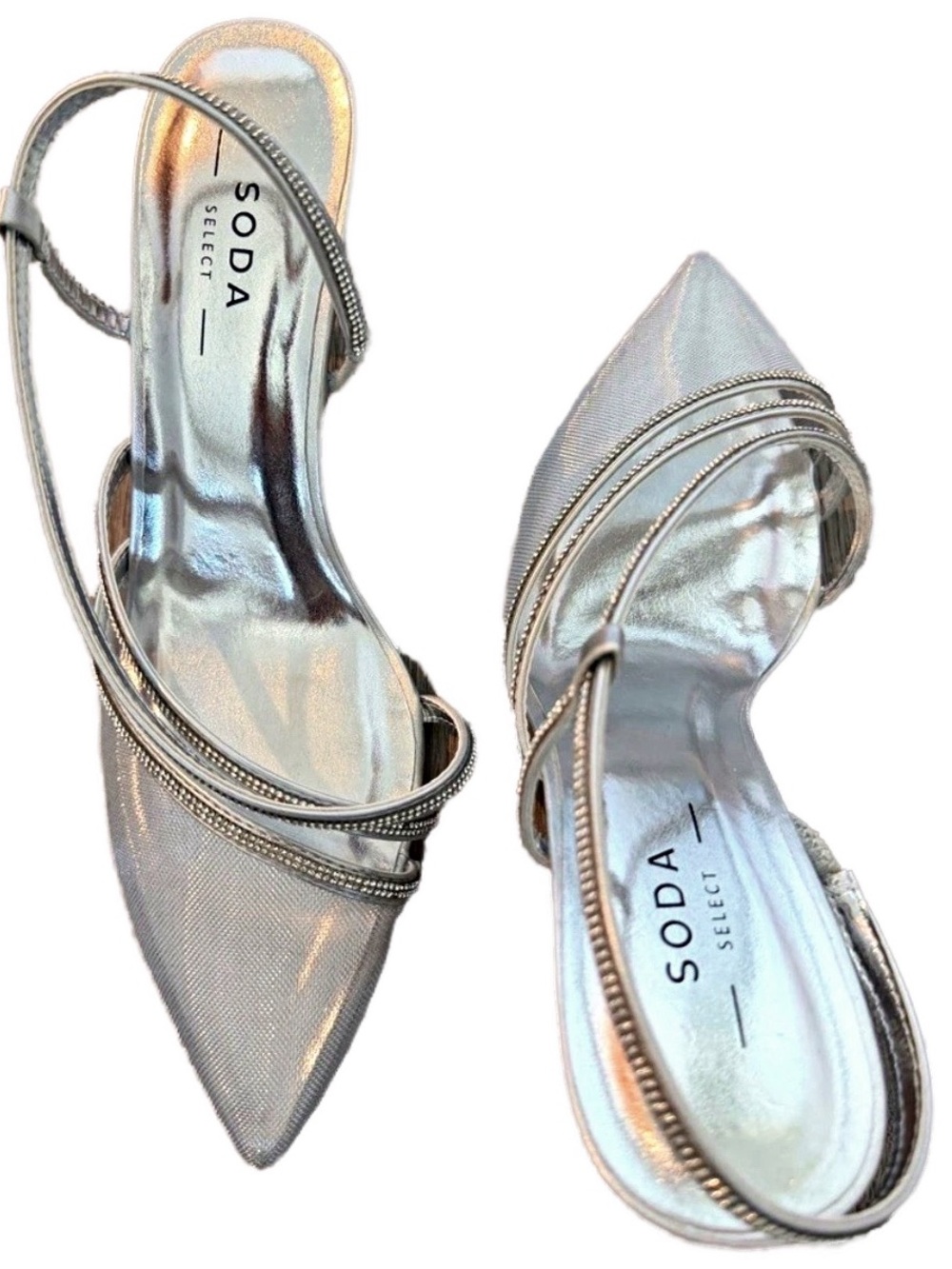 Soda NEW IN BOX sz 8 Metallic Silver Pointed Toe Slingback Heels